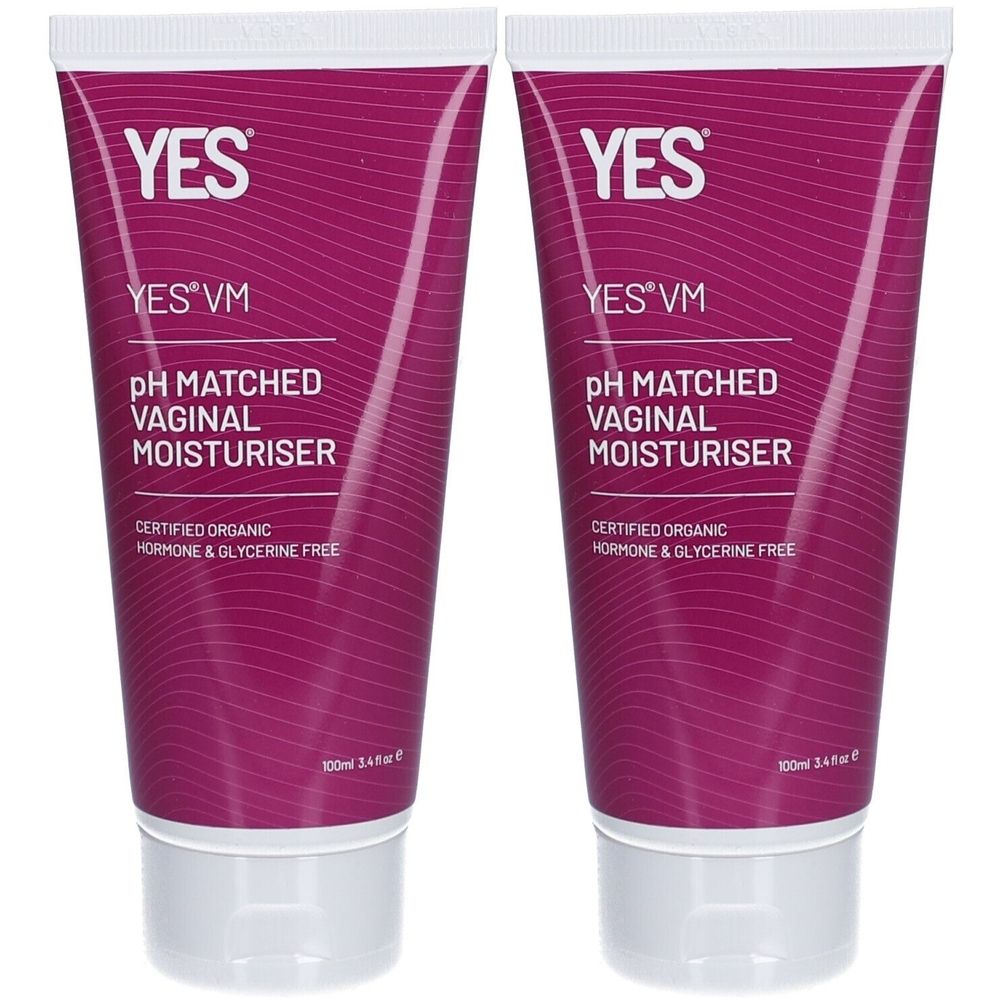 Deux tubes de YES VM Vaginal Moisturiser. Certifié biologique, sans hormone ni glycérine. Bouchon blanc, fond rose-violet.