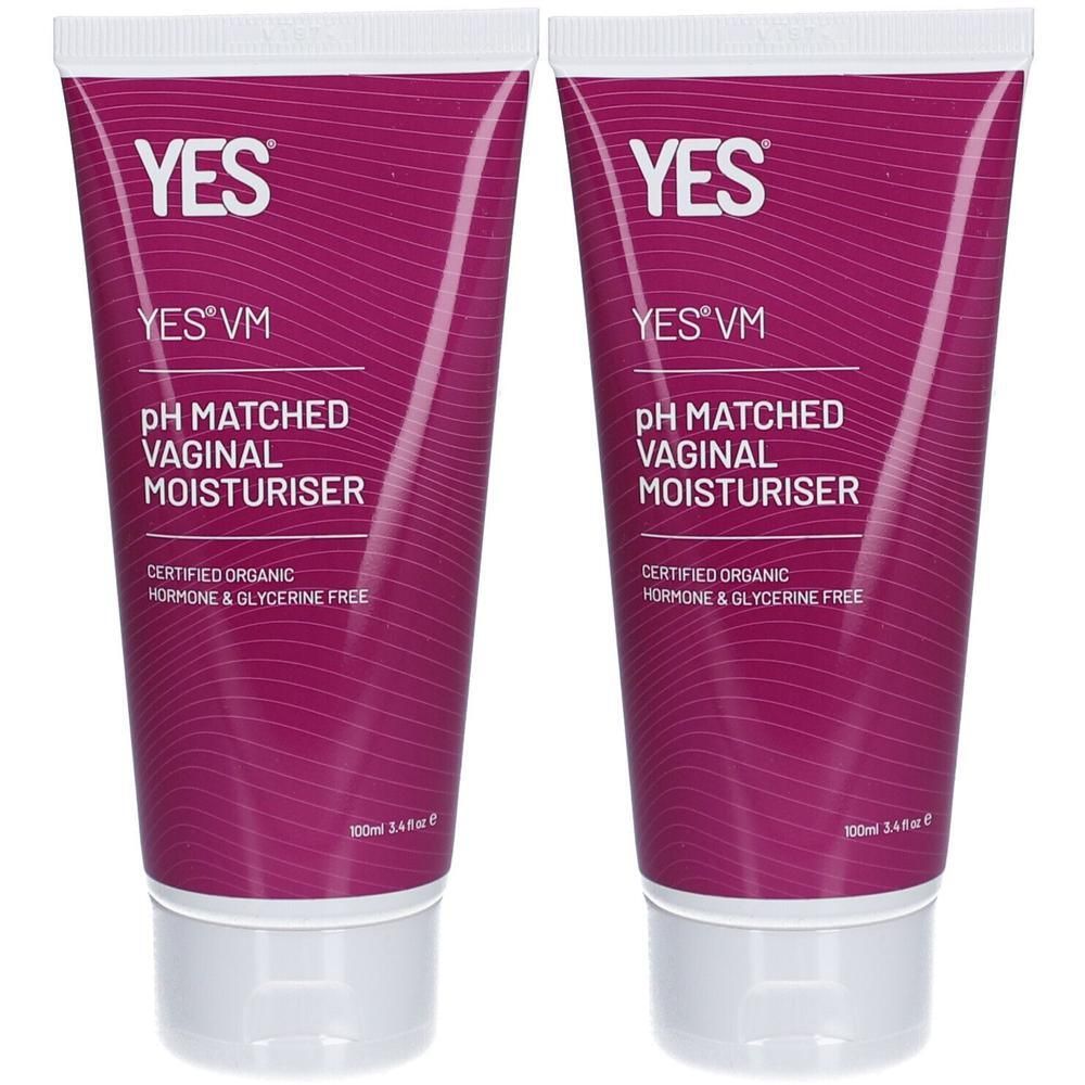 Deux tubes de YES VM Vaginal Moisturiser. Certifié biologique, sans hormone ni glycérine. Bouchon blanc, fond rose-violet.