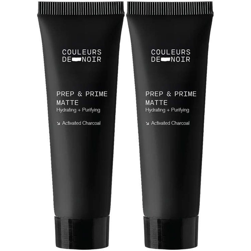 Deux tubes noirs avec texte blanc. "COULEURS DE NOIR" et "PREP & PRIME MATTE". Texte: "Hydrating + Purifying". Ingrédient: "Activated Charcoal".