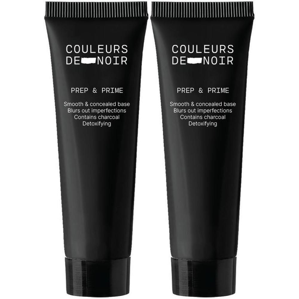 Deux tubes noirs avec texte blanc. "COULEURS DE NOIR" et "PREP & PRIME". Texte: "Smooth & concealed base Blurs out imperfections".