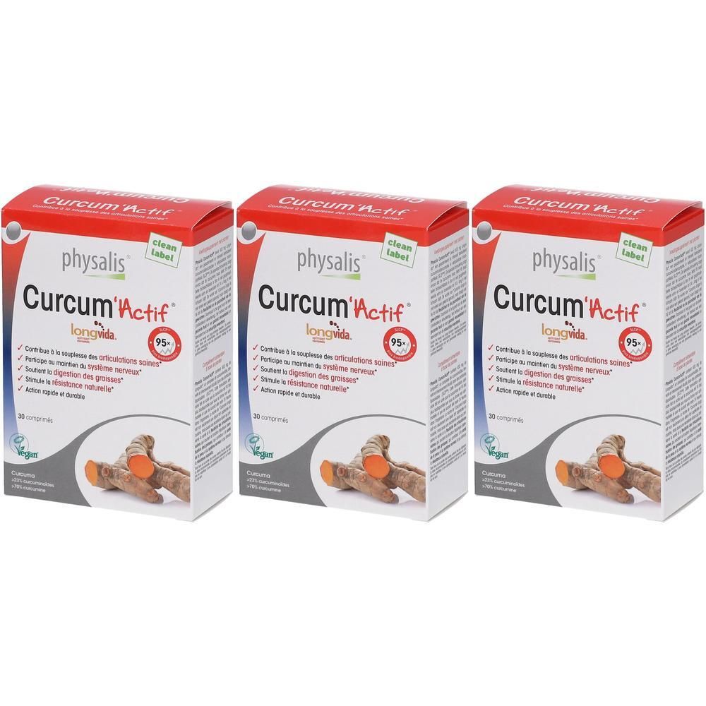 Trois boîtes Physalis Curcum'actif. Emballage rouge et blanc avec nom et logo du produit. Illustration de racines de curcuma.