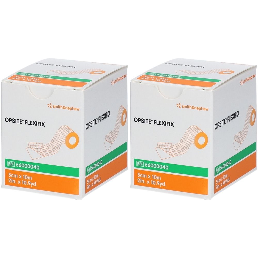 Deux boîtes Opsite Flexifix. Inscription : 5 cm x 10 m, Smith & Nephew. Éléments orange et verts.
