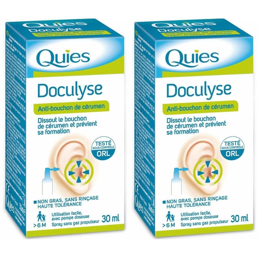 Deux boîtes de produit. "Quies Doculyse" en haut. Texte : "Anti-bouchon de cerumen". Illustration d'une oreille et d'un spray.