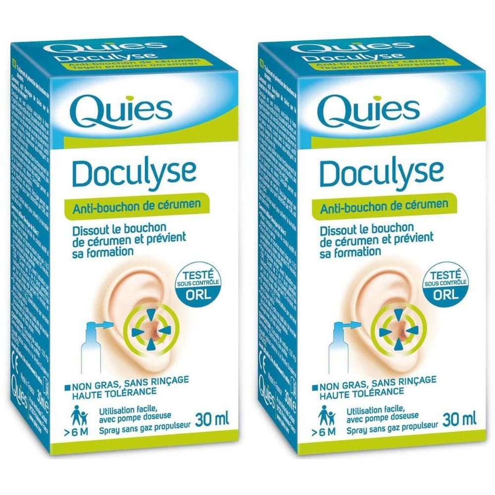 Deux boîtes de produit. "Quies Doculyse" en haut. Texte : "Anti-bouchon de cerumen". Illustration d'une oreille et d'un spray.
