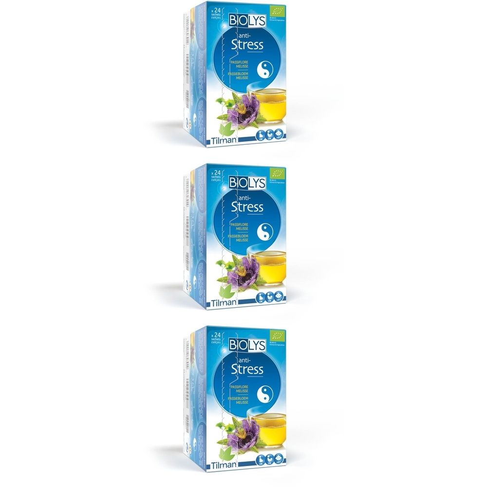 Trois boîtes BIOLYS Anti-Stress. Emballage bleu avec symbole Yin-Yang, tasse de thé et fleur de la passion. 24 sachets.