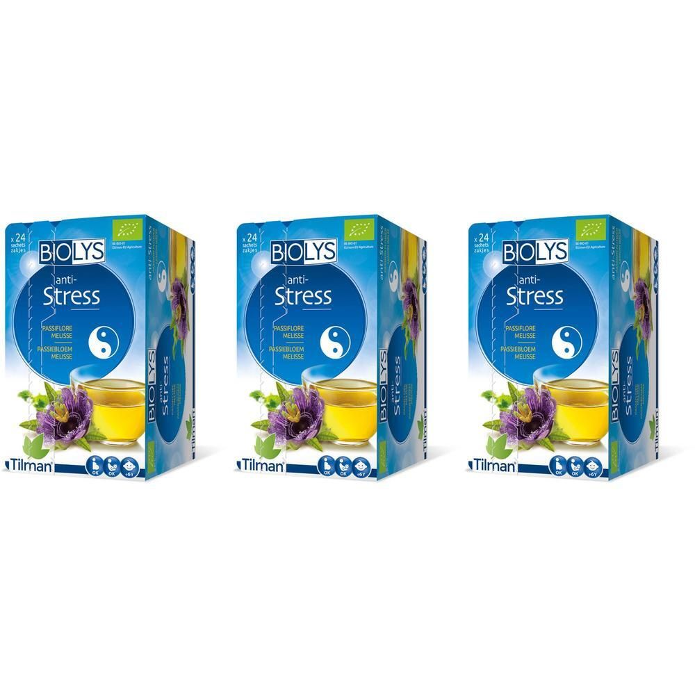 Trois boîtes BIOLYS Anti-Stress. Emballage bleu avec symbole Yin-Yang, tasse de thé et fleur de la passion. 24 sachets.