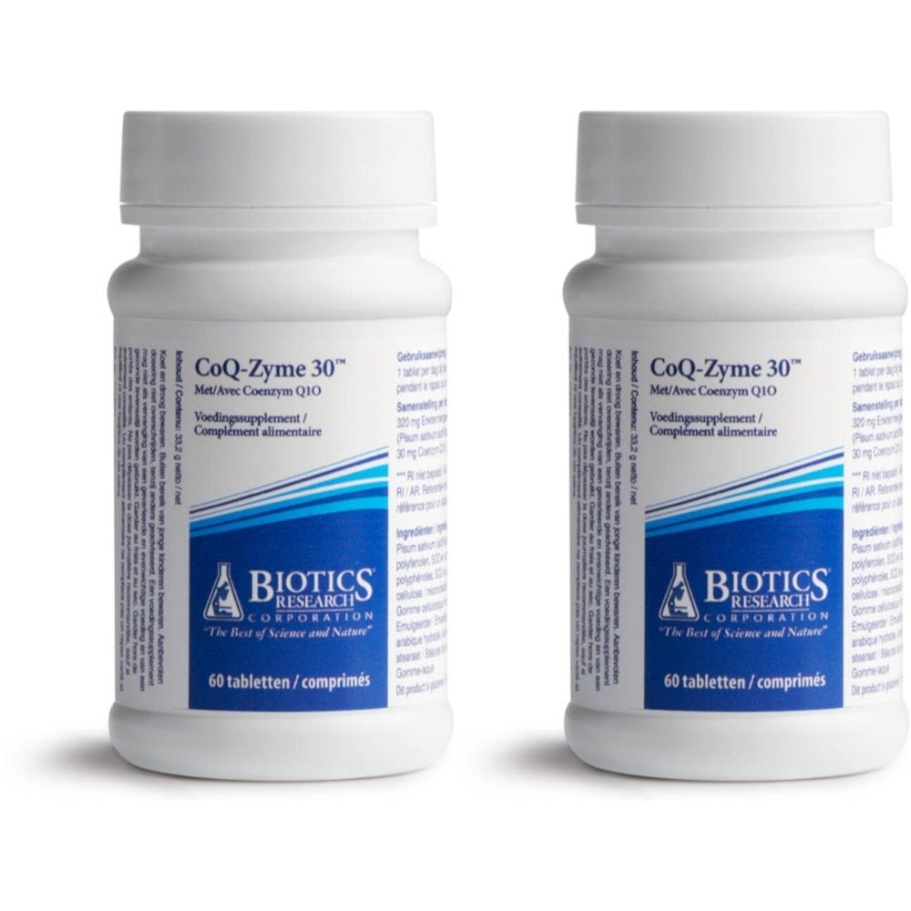 Deux flacons blancs avec le nom du produit CoQ-Zyme 30. Inscription : BIOTICS RESEARCH CORPORATION. Chaque flacon contient 60 comprimés.