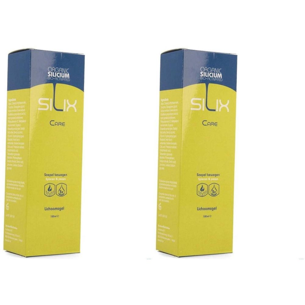 Deux boîtes jaunes avec couvercle bleu. Inscription SILIX Care. Texte et symboles sur le devant.