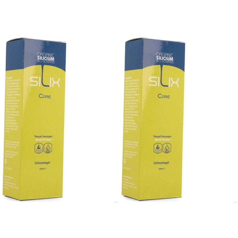 Deux boîtes jaunes avec couvercle bleu. Inscription SILIX Care. Texte et symboles sur le devant.