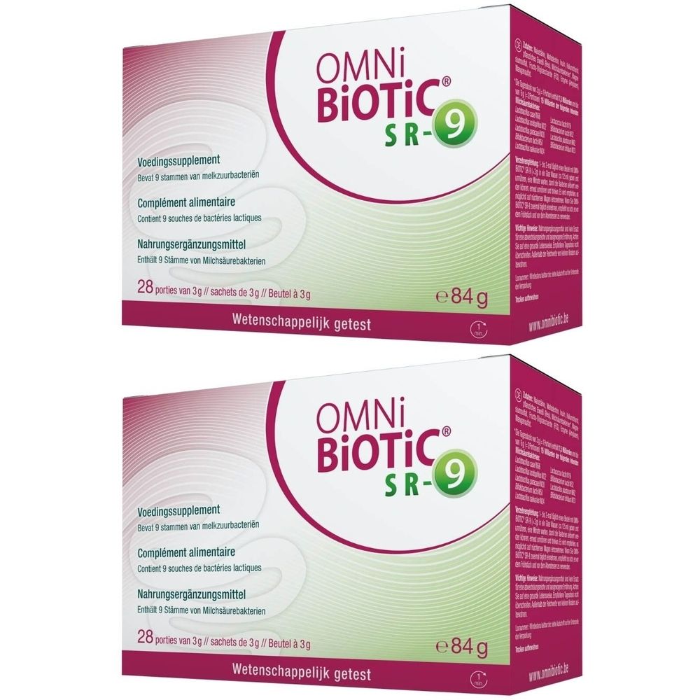 Deux boîtes de Omni-Biotic SR-9. Boîtes rouges et blanches avec nom et texte du produit. Contient 28 sachets.