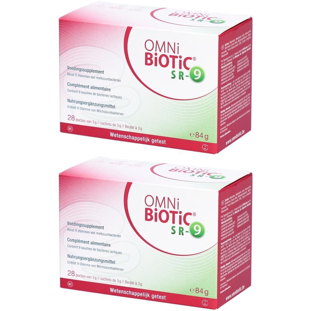 Deux boîtes de Omni-Biotic SR-9. Boîtes rouges et blanches avec nom et texte du produit. Contient 28 sachets.