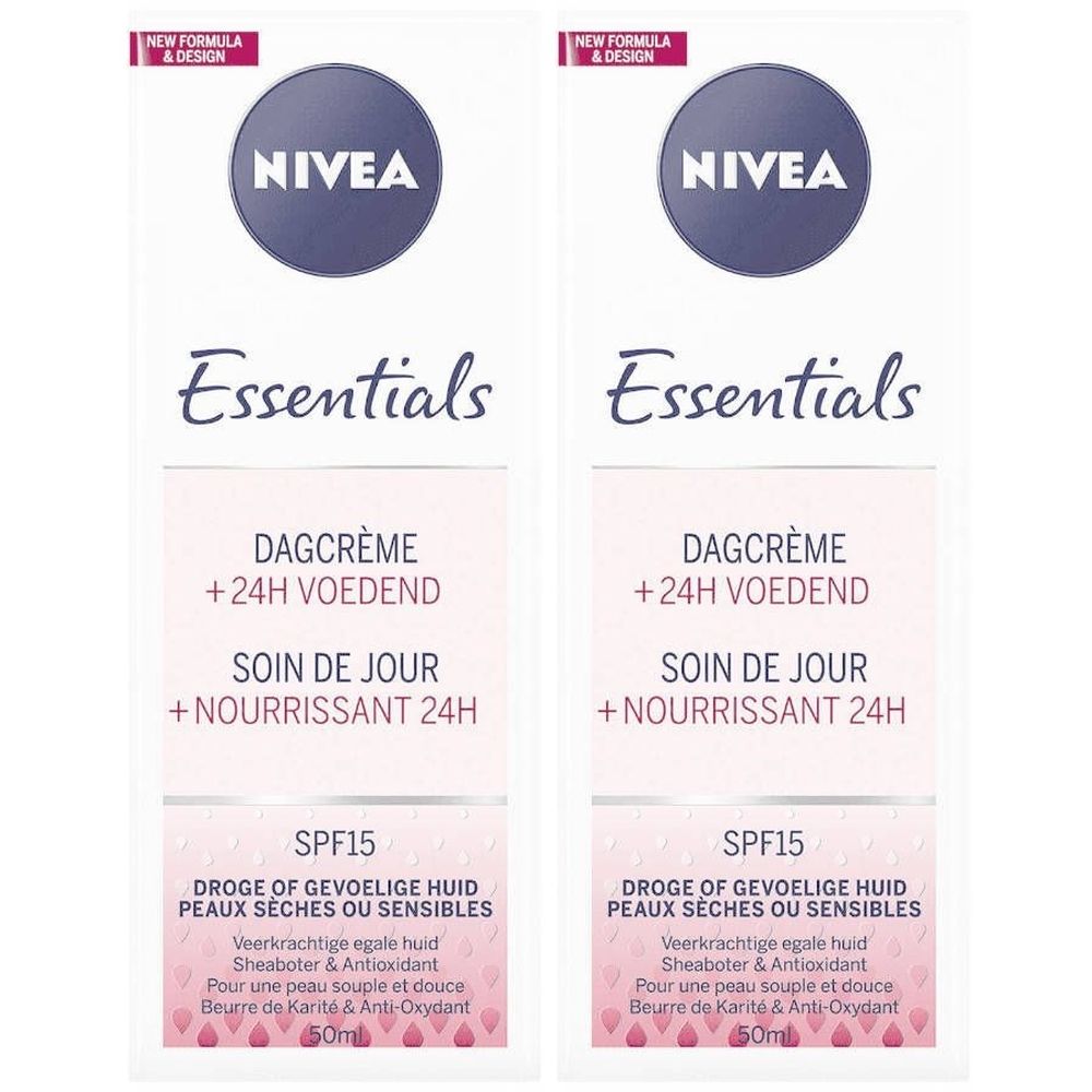 Deux emballages de crème de jour NIVEA Essentials. Blanc avec logo bleu, nom du produit et texte multilingue. SPF15.