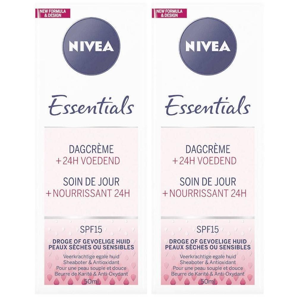 Deux emballages de crème de jour NIVEA Essentials. Blanc avec logo bleu, nom du produit et texte multilingue. SPF15.