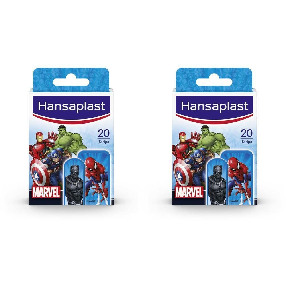 Paquet de pansements Hansaplast Marvel. Contient 20 strips. Logo et personnages Marvel visibles sur le devant.