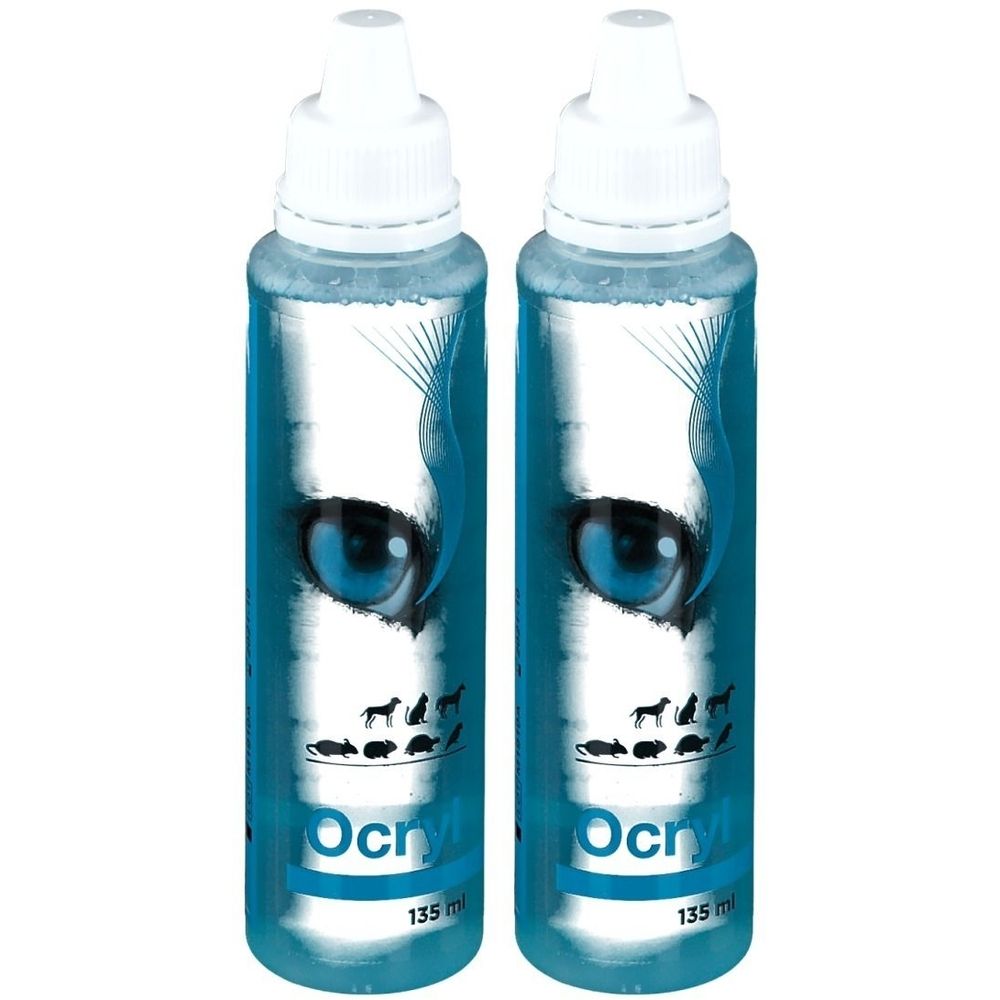 Deux flacons bleus avec bouchon blanc. Motif d'œil et animaux. Inscription Ocryl et 135 ml.