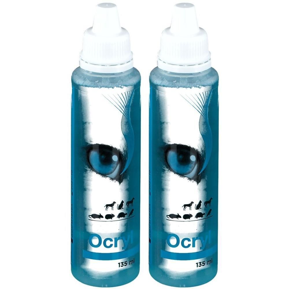 Deux flacons bleus avec bouchon blanc. Motif d'œil et animaux. Inscription Ocryl et 135 ml.