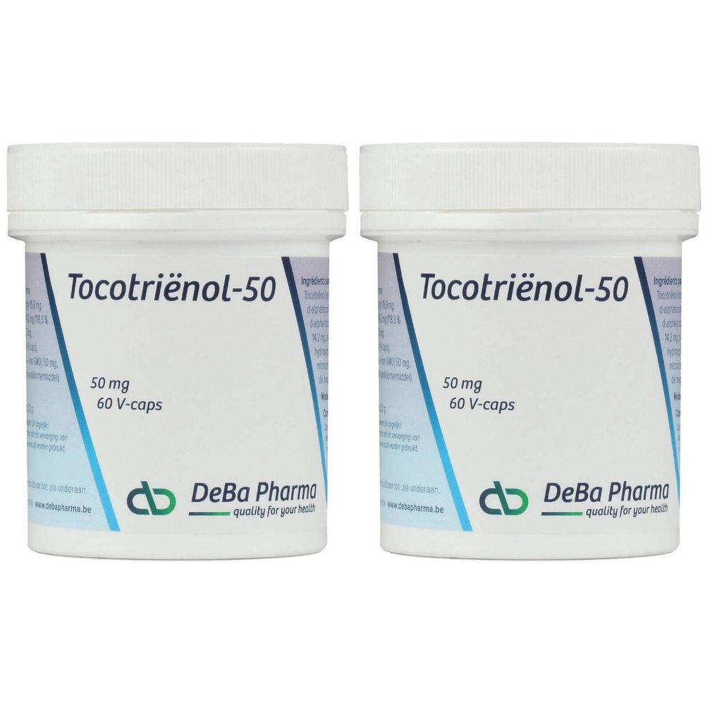 Deux pots blancs avec couvercles. Inscription: Tocotrienol-50, 50 mg, 60 V-caps. Logo et nom DeBa Pharma.