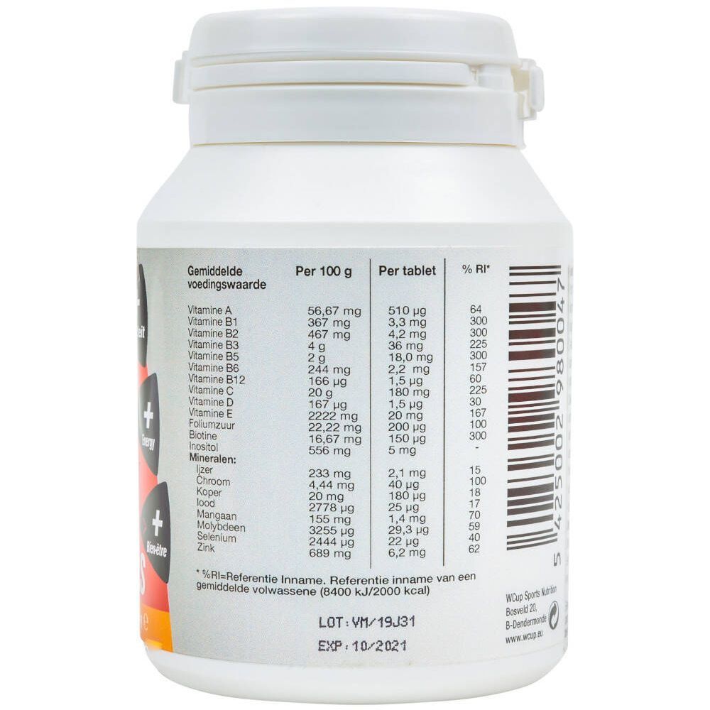 Dos d'un flacon blanc. Texte avec informations nutritionnelles pour 100g et par comprimé, ainsi que %RI.