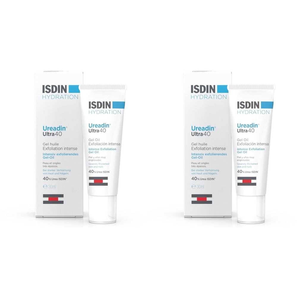 ISDIN Ureadin Ultra 40 Gel Huile, tube et emballage. Tube blanc avec bande bleue. Emballage avec nom du produit et logo.