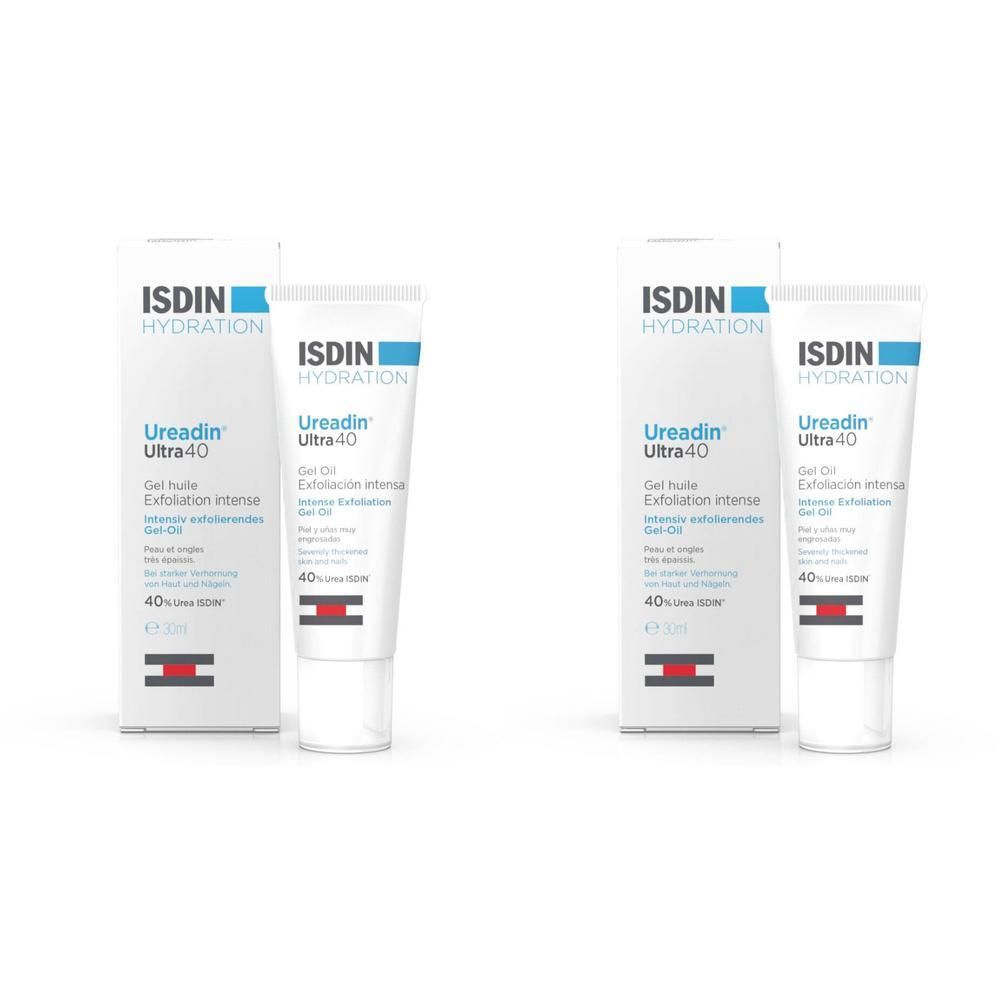 ISDIN Ureadin Ultra 40 Gel Huile, tube et emballage. Tube blanc avec bande bleue. Emballage avec nom du produit et logo.