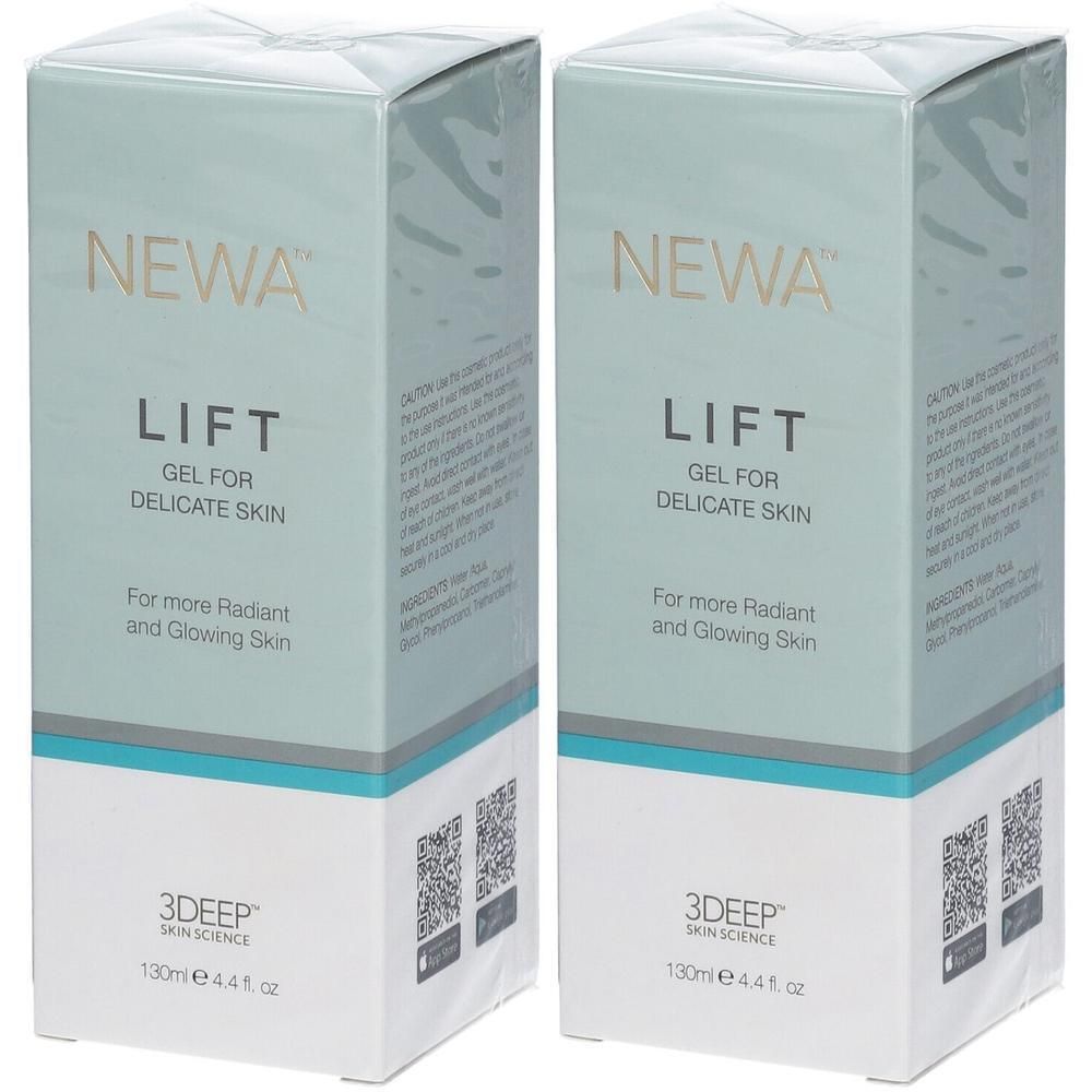 Deux boîtes de gel NEWA Lift. Inscription : Gel pour peau délicate. 130ml. 3DEEP Skin Science.