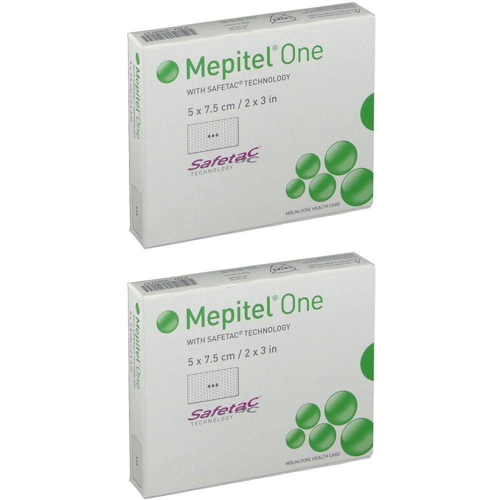 Deux boîtes de Mepitel® One, 5 x 7,5 cm. Inscription Safetac® Technology. Cercles verts comme élément de design.