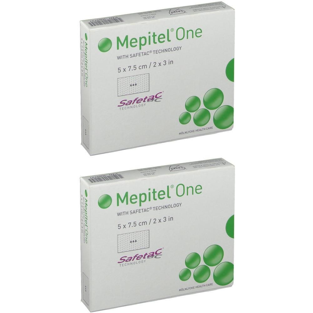 Deux boîtes de Mepitel® One, 5 x 7,5 cm. Inscription Safetac® Technology. Cercles verts comme élément de design.