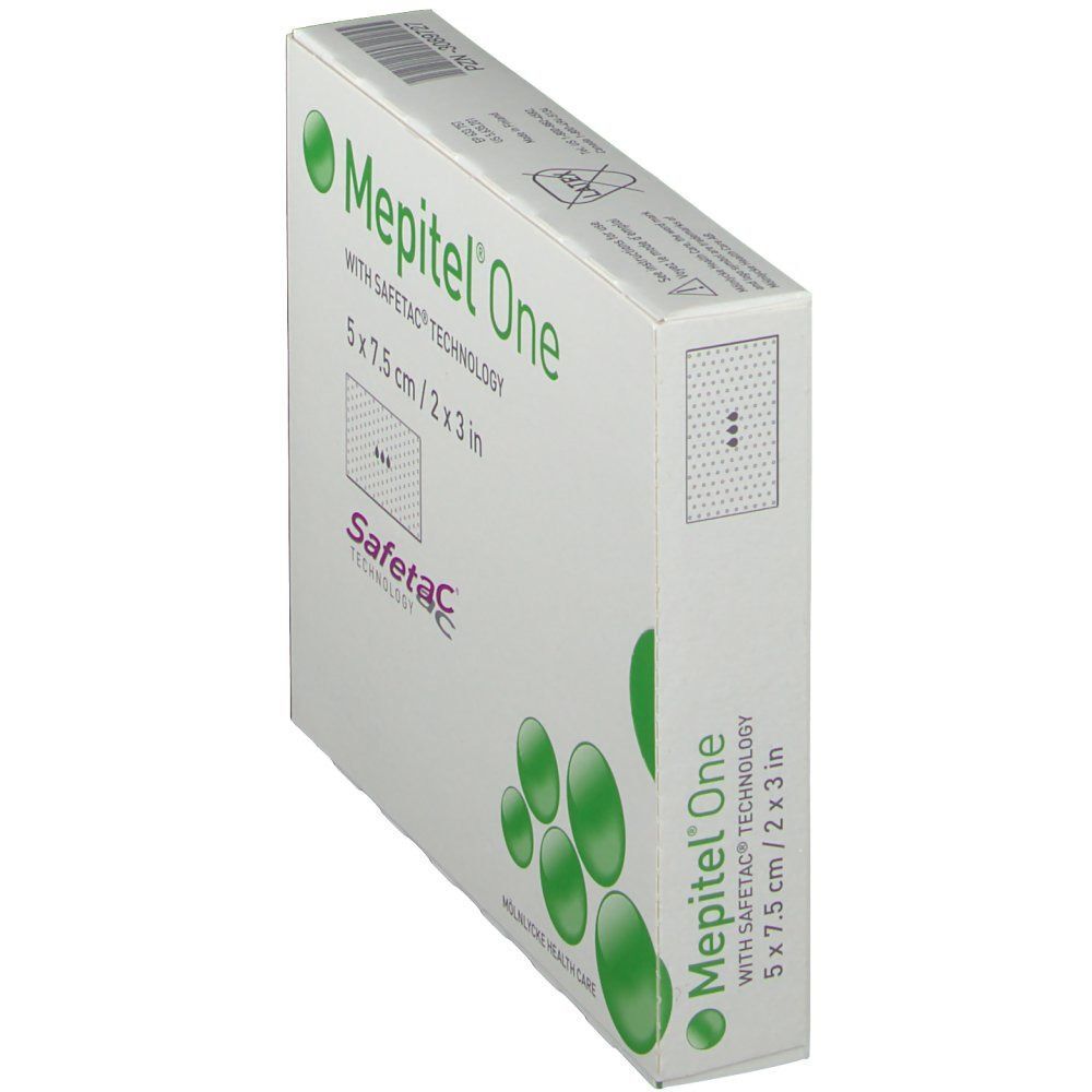 Boîte Mepitel® One, 5 x 7,5 cm. Inscription Safetac® Technology. Vue latérale. Cercles verts comme élément de design.