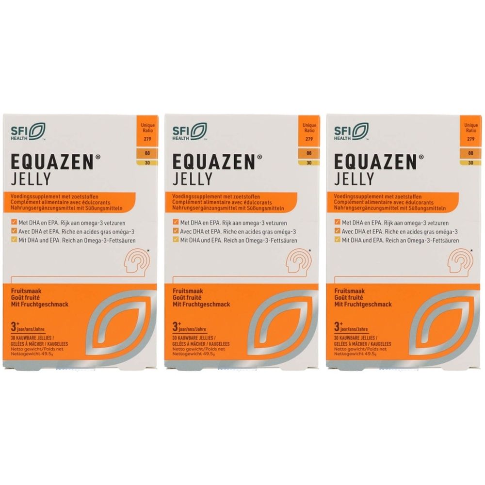 Trois boîtes Equazen Jelly. Emballage blanc avec bande orange. Texte: Equazen Jelly, DHA, EPA, Oméga-3. Goût fruité.