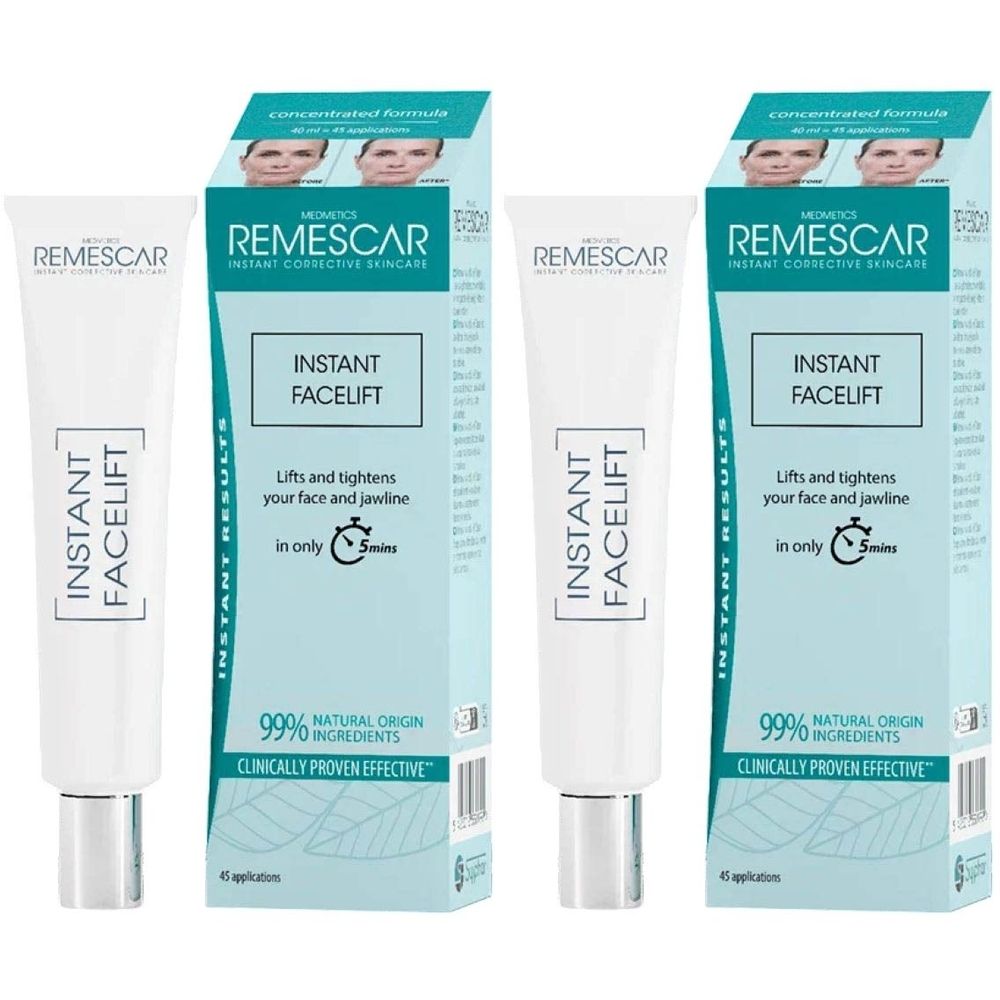 Deux tubes de Remescar Instant Facelift Crème avec emballage. Tubes blancs, boîtes bleues. Texte: Instant Facelift.