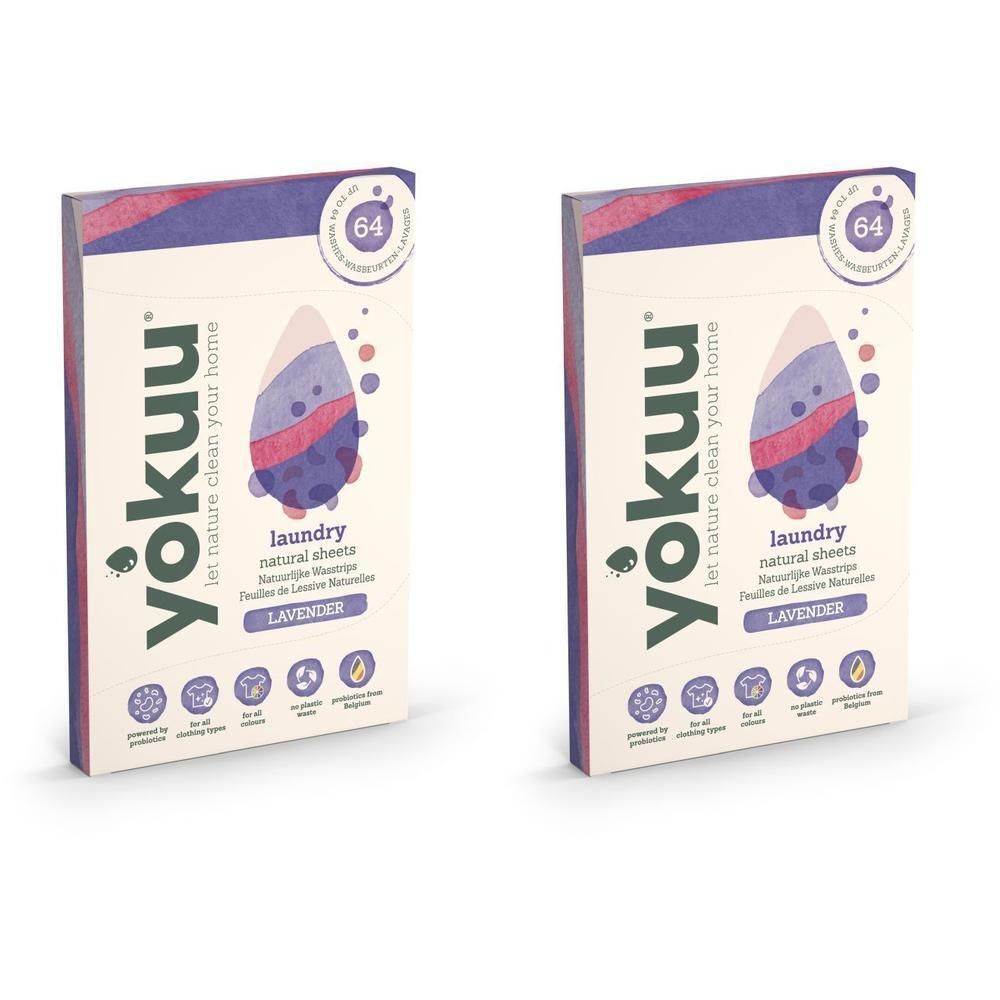 Deux boîtes de feuilles de lessive YOKUU® Lavande. Emballage avec accents violets, nom et logo du produit visibles.
