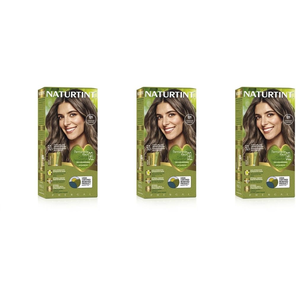 Trois boîtes de coloration capillaire. Chaque boîte présente une femme. Inscription : Naturtint Permanente Haarkleuring Donker Blond 6N.