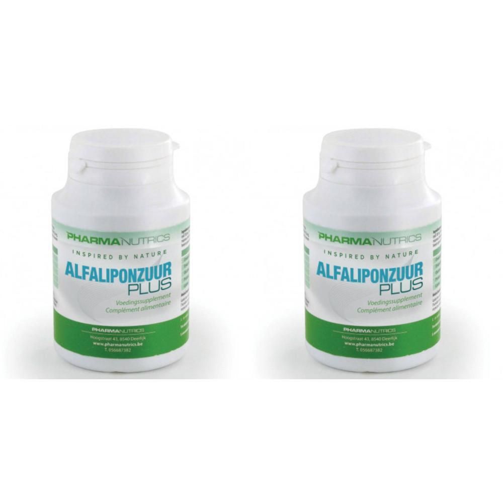 Deux flacons blancs avec étiquette verte. Inscription: PharmaNutrics ALIFALIPONZUUR PLUS.