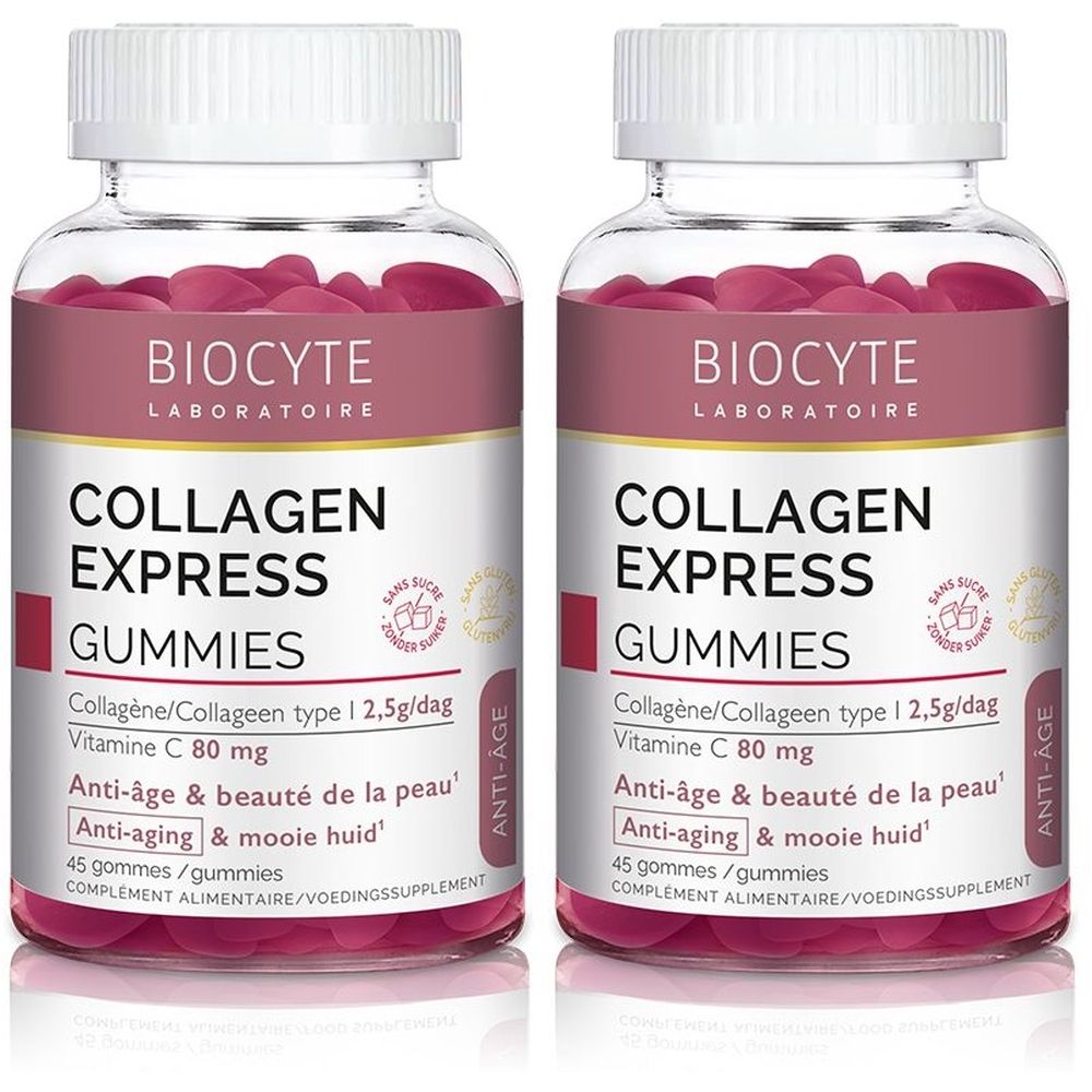Deux flacons de Biocyte Collagen Express Gummies. Chaque flacon contient des gommes roses. Inscription: Anti-âge, 45 gommes.