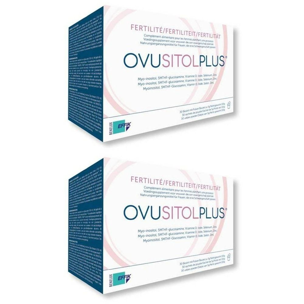 Deux boîtes d'Ovusitolplus®. Emballage blanc avec texte bleu et rose. Inscription : Fertilité. 30 sachets.