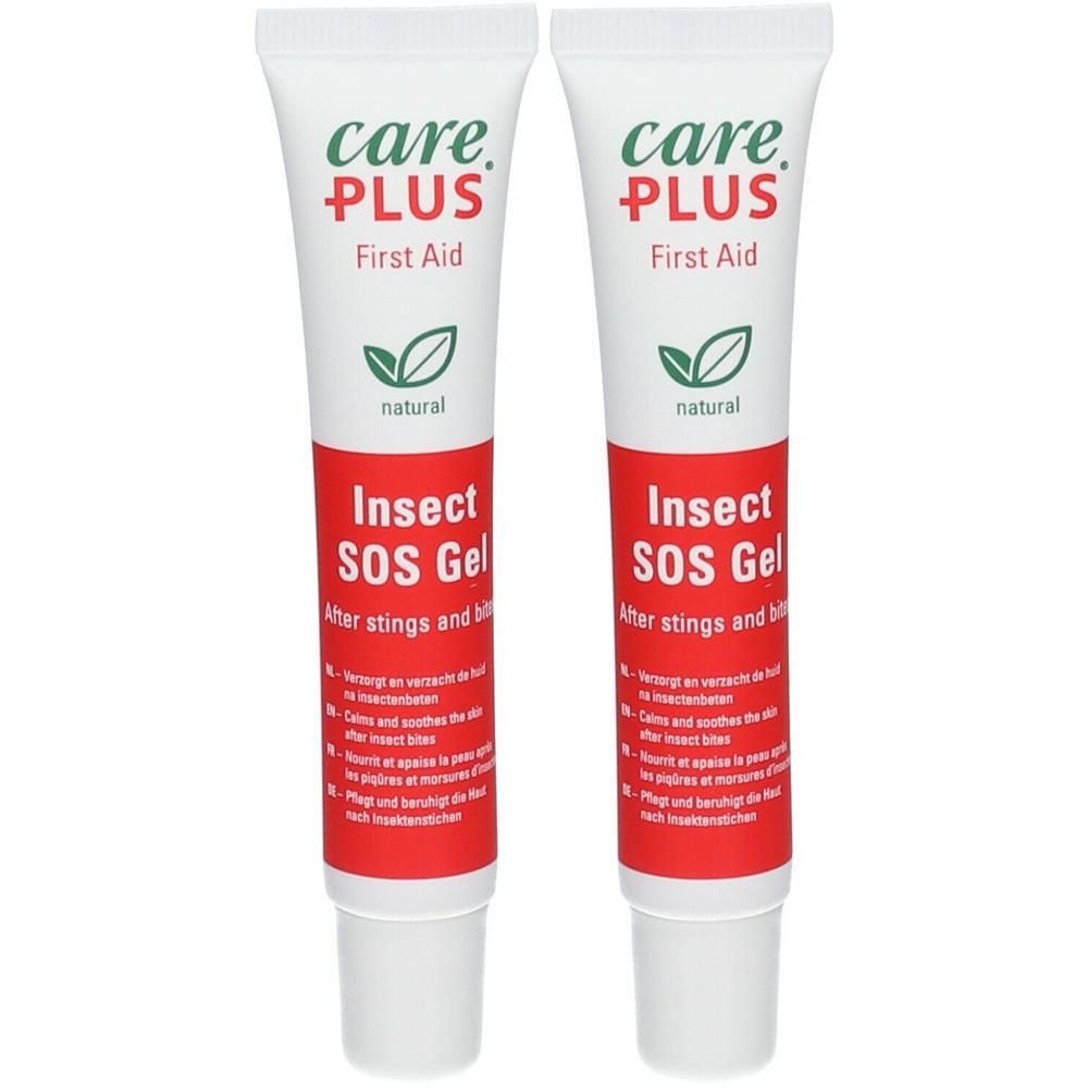Deux tubes de care PLUS® Insect SOS Gel. Blanc, bande rouge, accents verts. Inscription: Insect SOS Gel, First Aid.