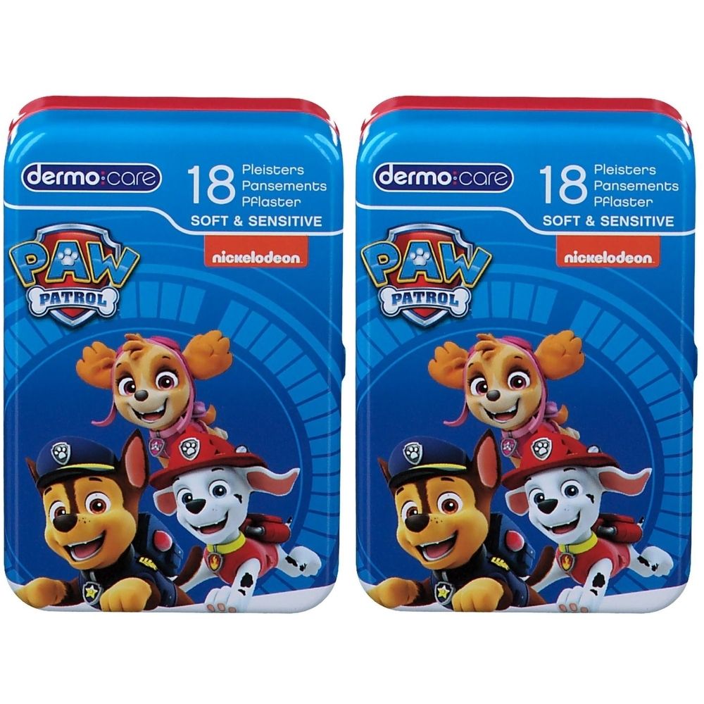 Deux boîtes de pansements Paw Patrol. Emballage bleu avec bord rouge. Contient 18 pansements.