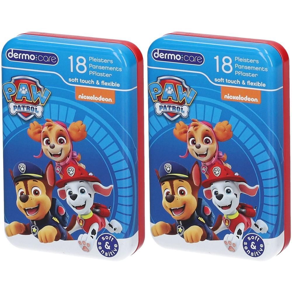 Deux boîtes de pansements Paw Patrol. Emballage bleu avec bord rouge. Contient 18 pansements.