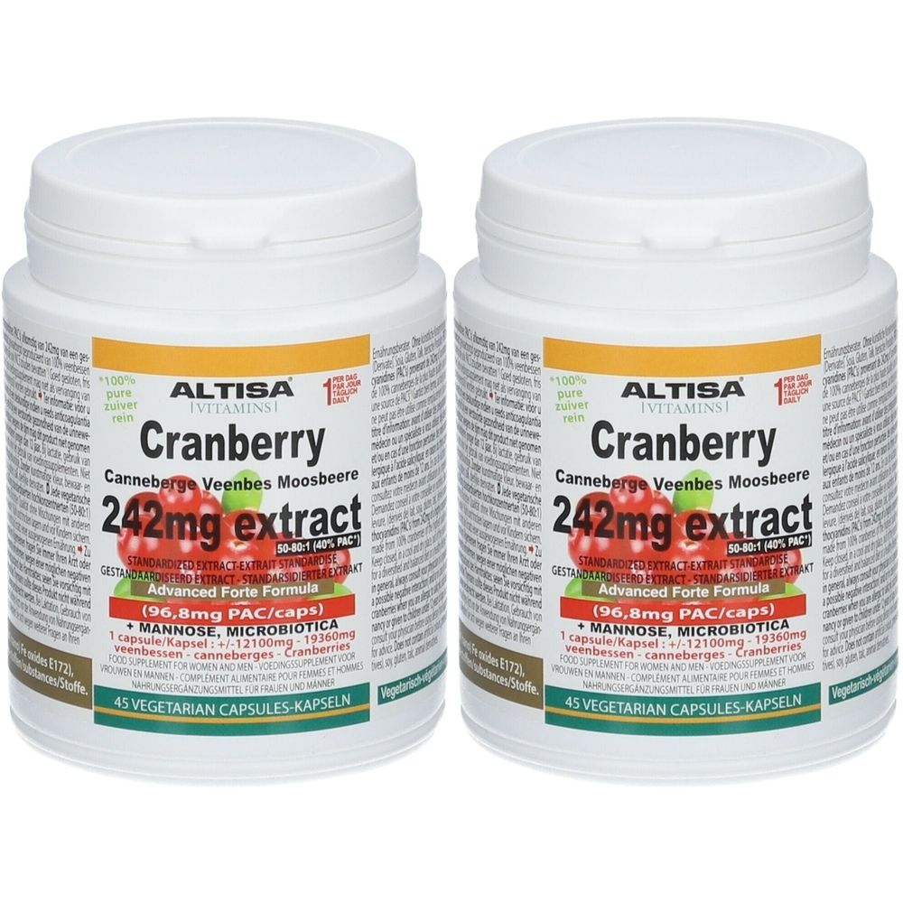 Deux flacons blancs ALTISA Cranberry 242mg extrait. Inscription Cranberry, 45 gélules. Gélules végétariennes.