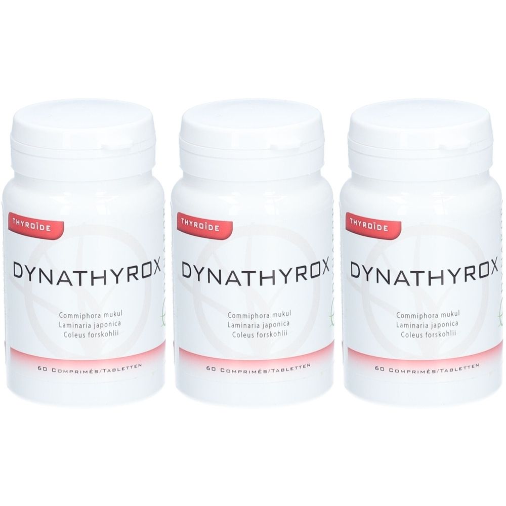 Trois flacons blancs de Dynathyrox. Inscription "THYROIDE" et ingrédients. Contient 60 comprimés.
