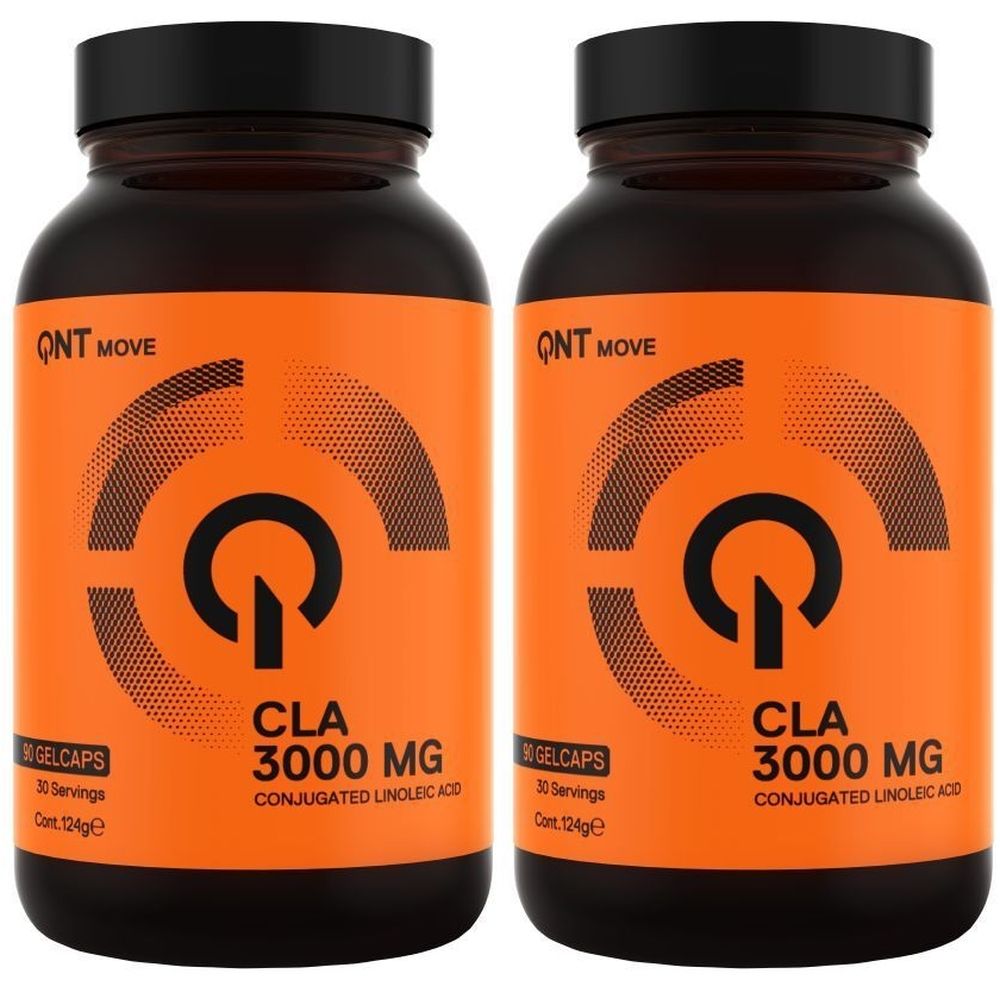 Deux flacons de QNT CLA 3000 MG. Bouteilles marron avec couvercle noir et étiquette orange. Inscription : CLA 3000 MG, 30 gélules.