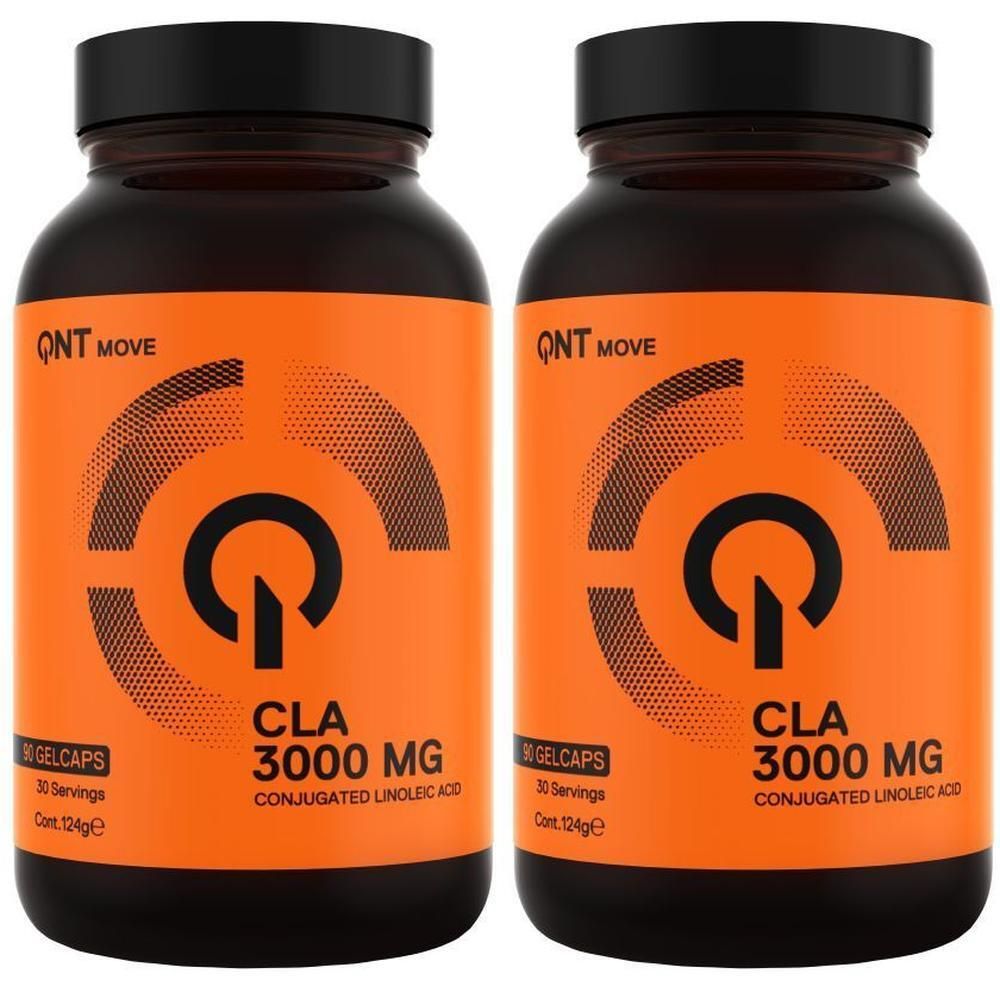 Deux flacons de QNT CLA 3000 MG. Bouteilles marron avec couvercle noir et étiquette orange. Inscription : CLA 3000 MG, 30 gélules.