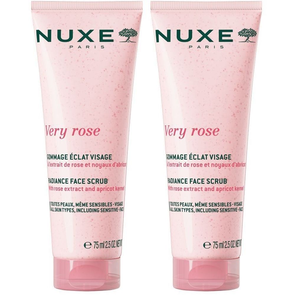 Deux tubes de Nuxe Very Rose Gommage Éclat Visage. Tubes roses avec texte et nom du produit. 75ml.