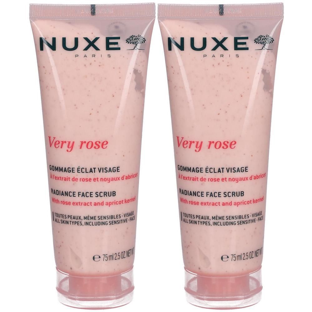 Deux tubes de Nuxe Very Rose Gommage Éclat Visage. Tubes roses avec texte et nom du produit. 75ml.