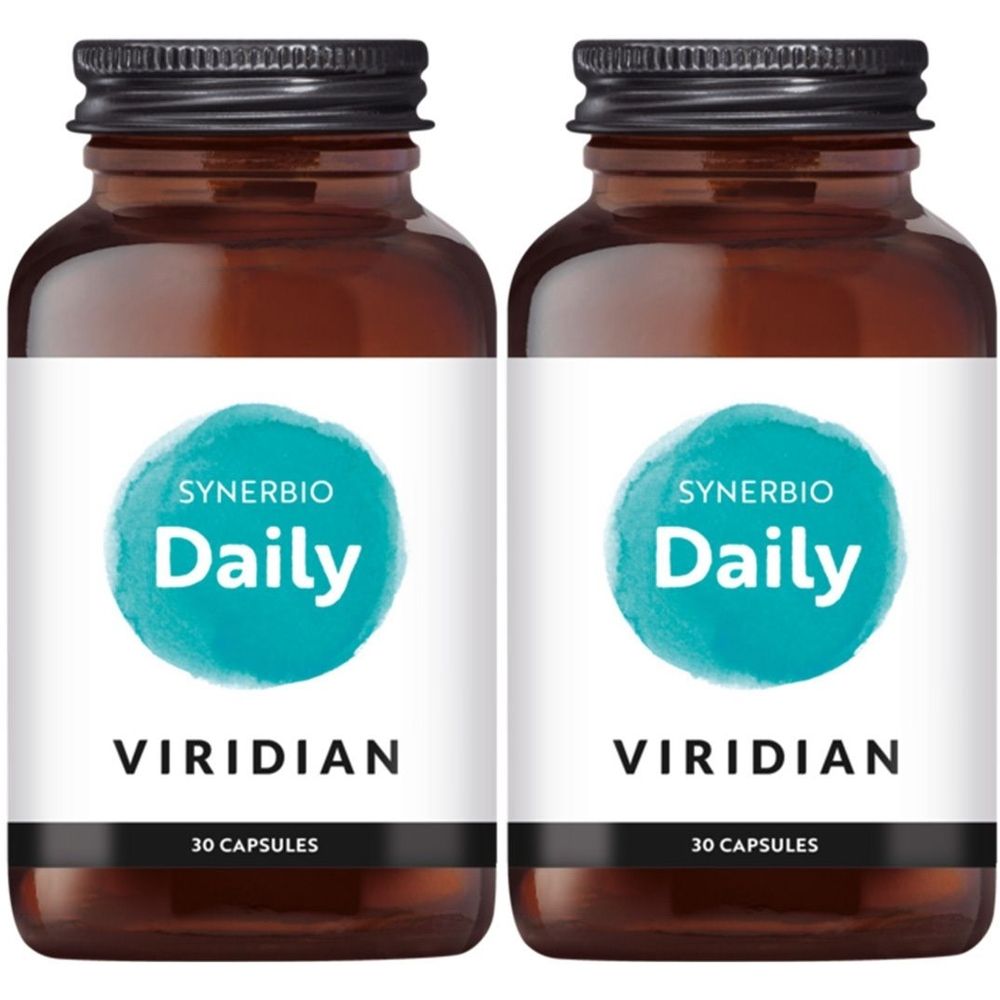Deux flacons en verre brun avec des couvercles noirs. Les étiquettes indiquent "Synerbio Daily" et "Viridian".