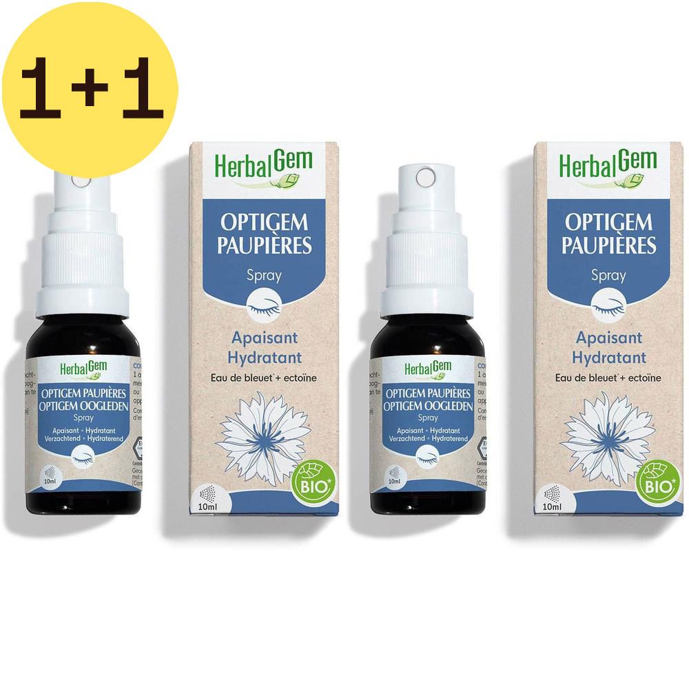 Trois flacons de spray Optigem pour les yeux avec emballage. Inscription : HerbalGem, Optigem Paupières Spray, Apaisant Hydratant.