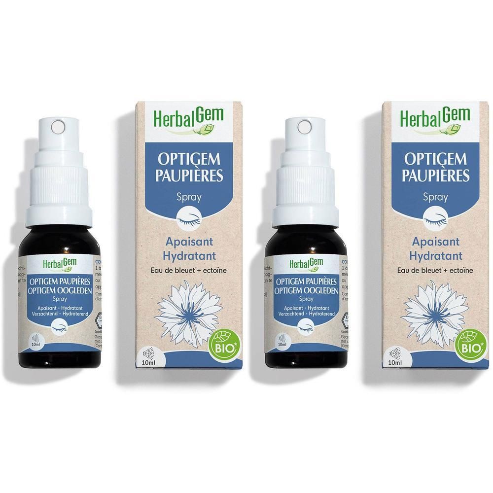 Trois flacons de spray Optigem pour les yeux avec emballage. Inscription : HerbalGem, Optigem Paupières Spray, Apaisant Hydratant.