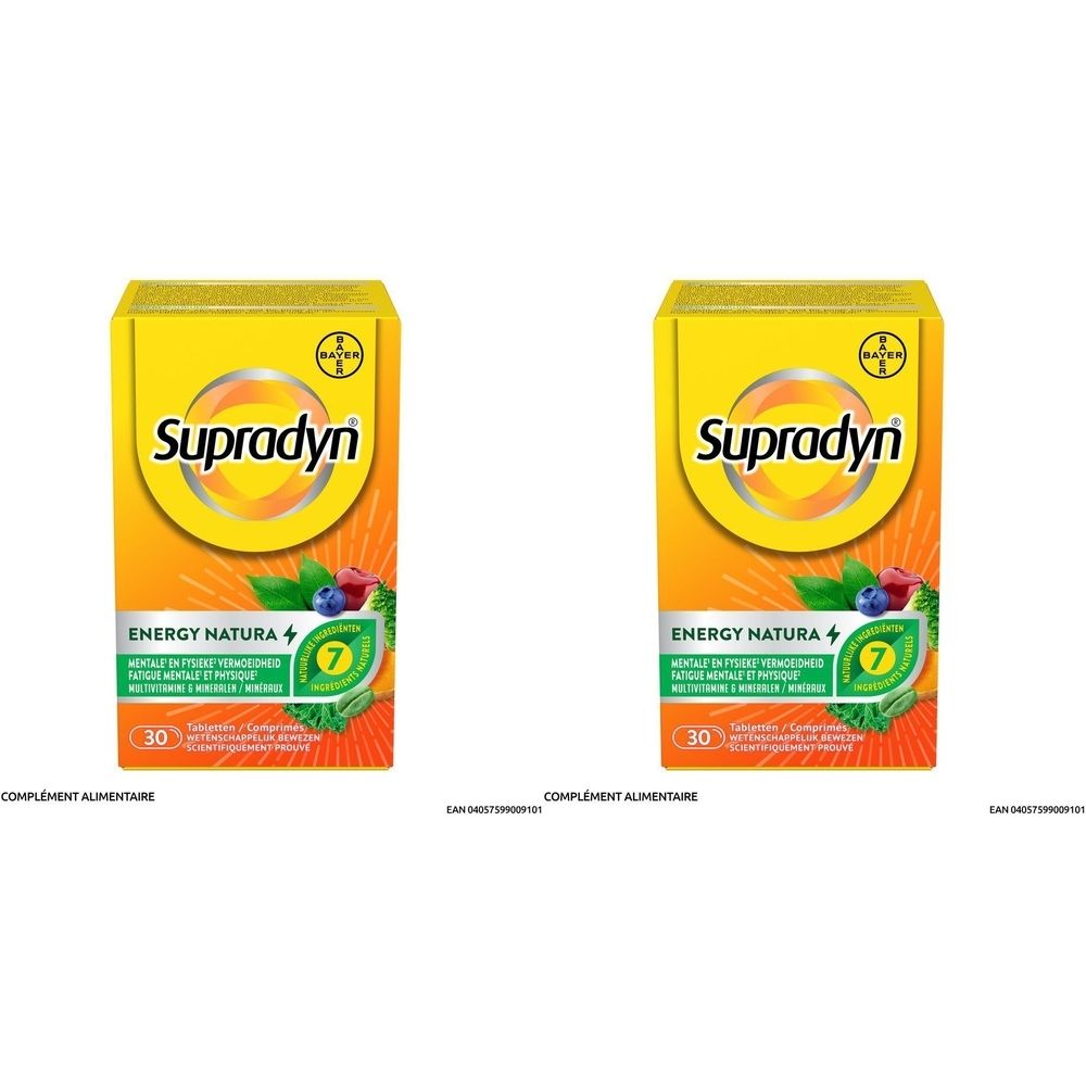 Deux boîtes jaunes avec l'inscription Supradyn Energy Natura. Contient 30 comprimés. Avec graphiques verts et rouges.