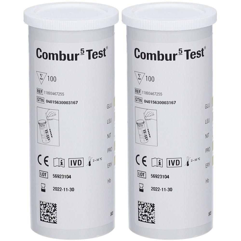 Deux flacons cylindriques blancs. Inscription: Combur 5 Test, 100 tests, marquage CE, symbole IVD, numéro de lot et date de péremption.