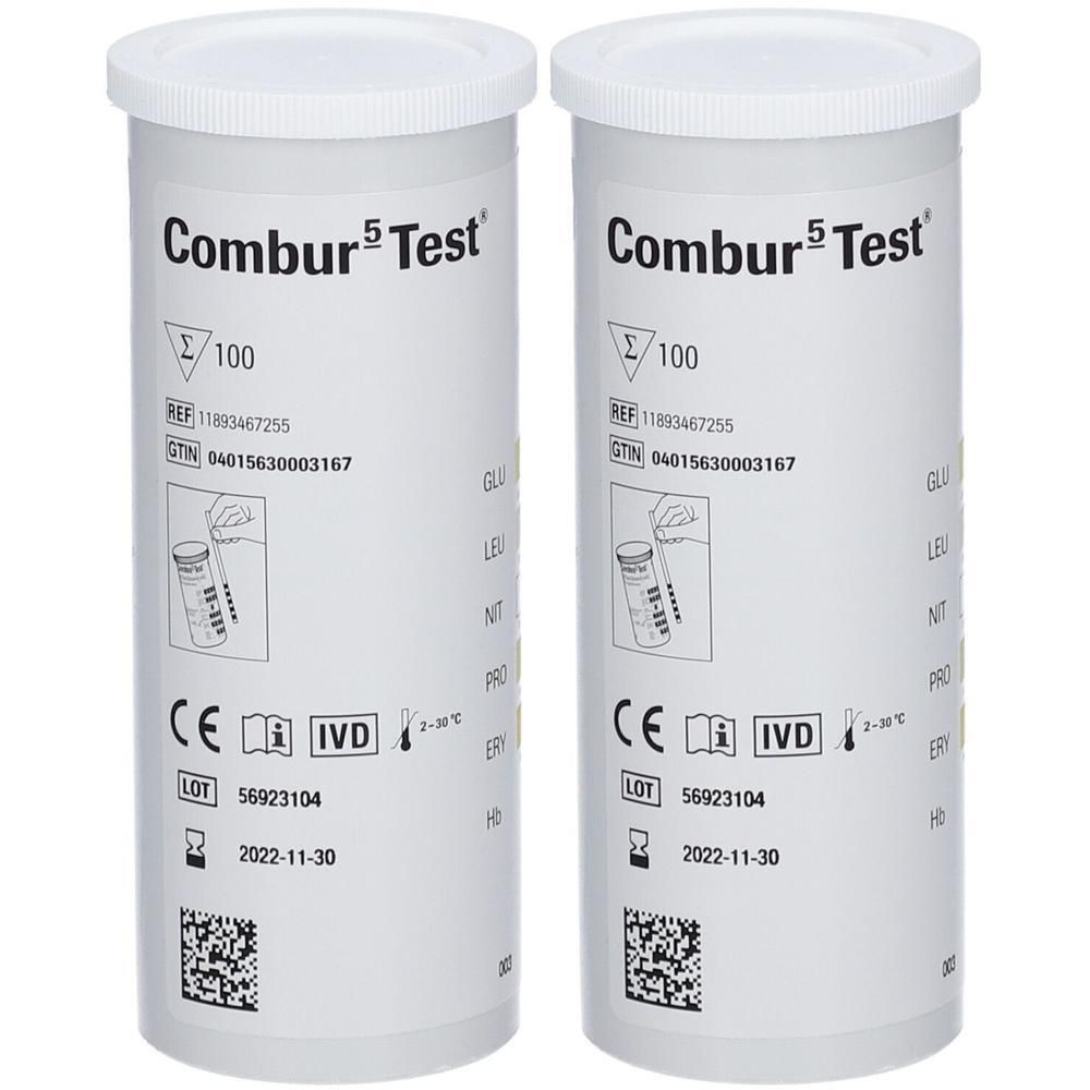 Deux flacons cylindriques blancs. Inscription: Combur 5 Test, 100 tests, marquage CE, symbole IVD, numéro de lot et date de péremption.